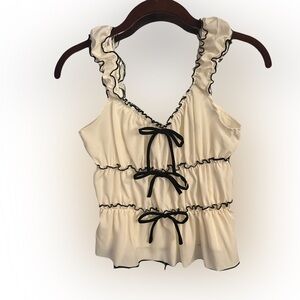 Sugar Kiss Women’s Babydoll Cropped Tank White Black Trim And Bows Size Med